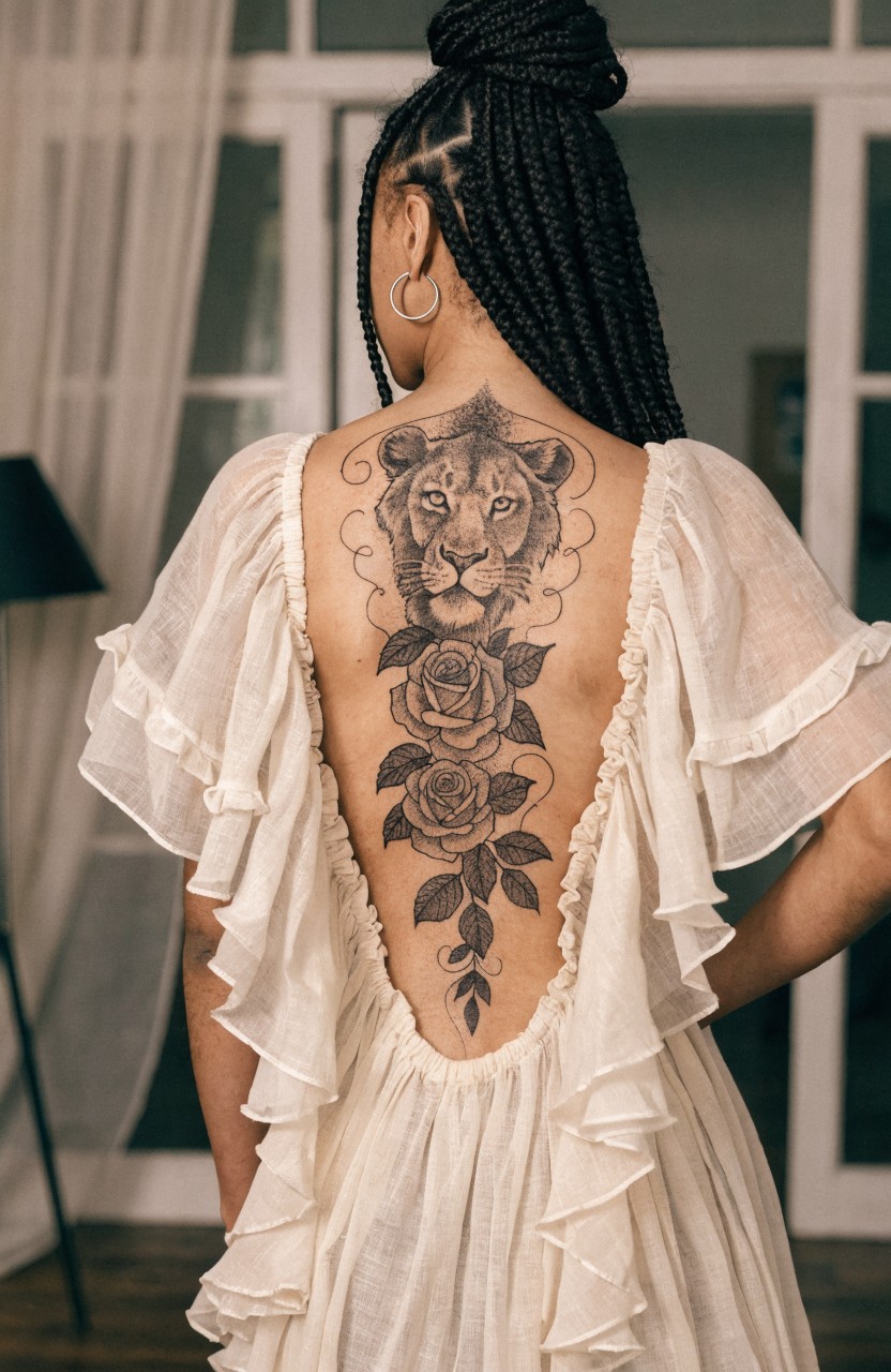 Black and grey realistic lion head tattoo with cascading roses down a woman's full back, shown through sheer ruffled dress