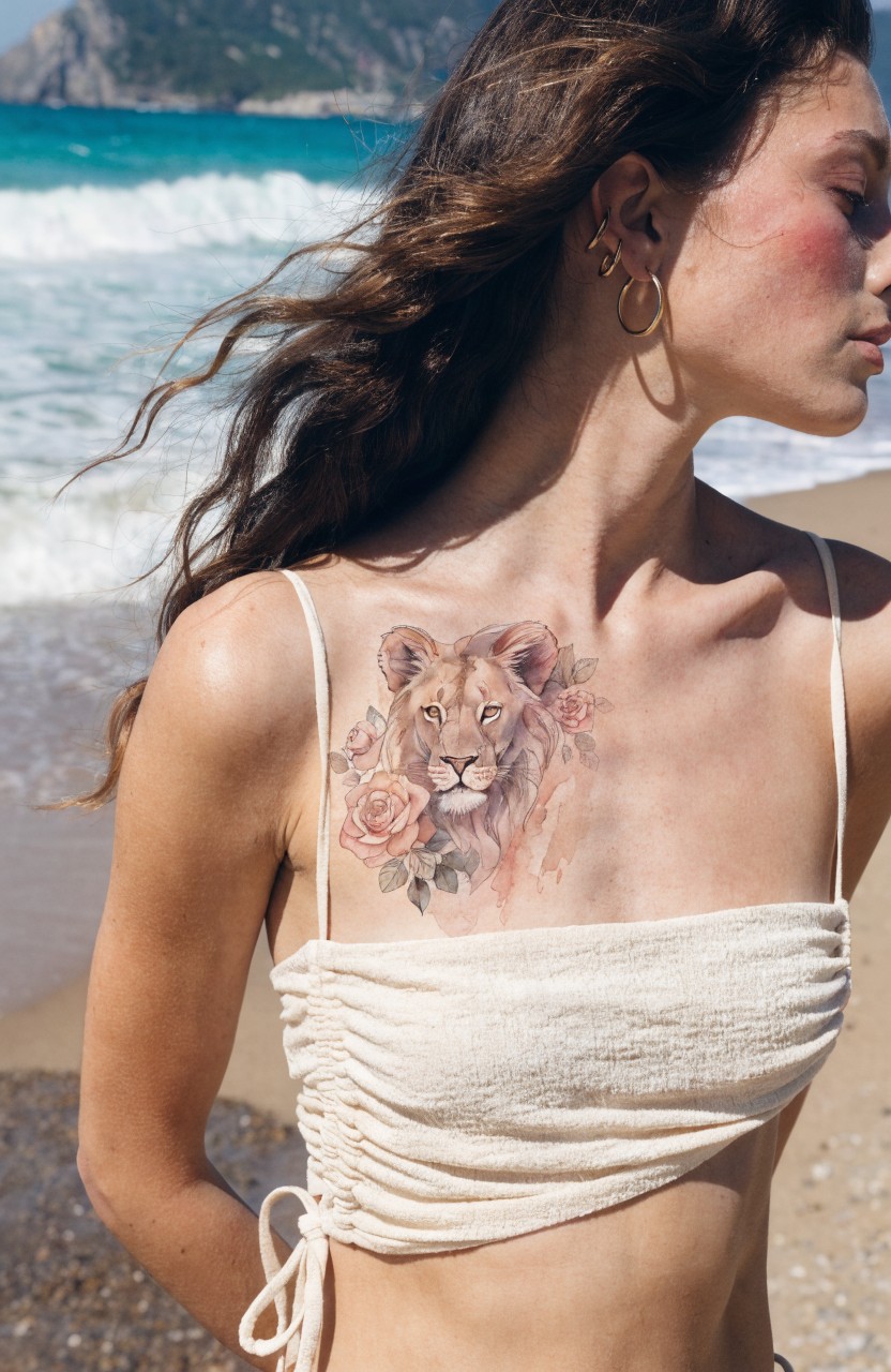 Woman in white strapless top on beach with colorful lion head and rose tattoo across upper chest