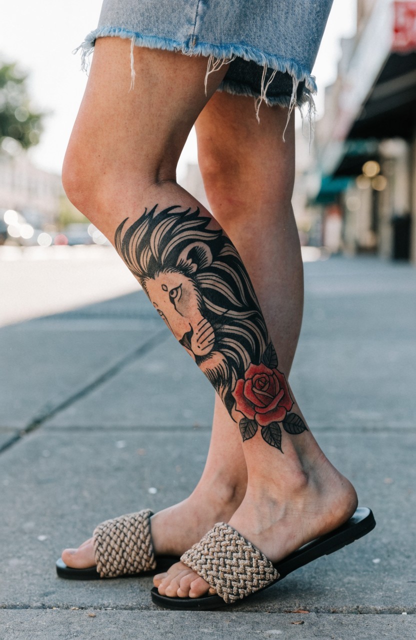 Woman's thigh with large realistic black and grey lion head tattoo flowing into a red rose on the lower leg