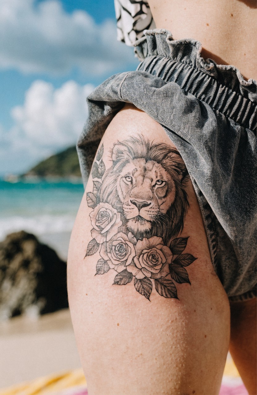 Woman's upper thigh tattoo of a realistic black and grey lion head framed by blooming roses, shown outdoors near the beach