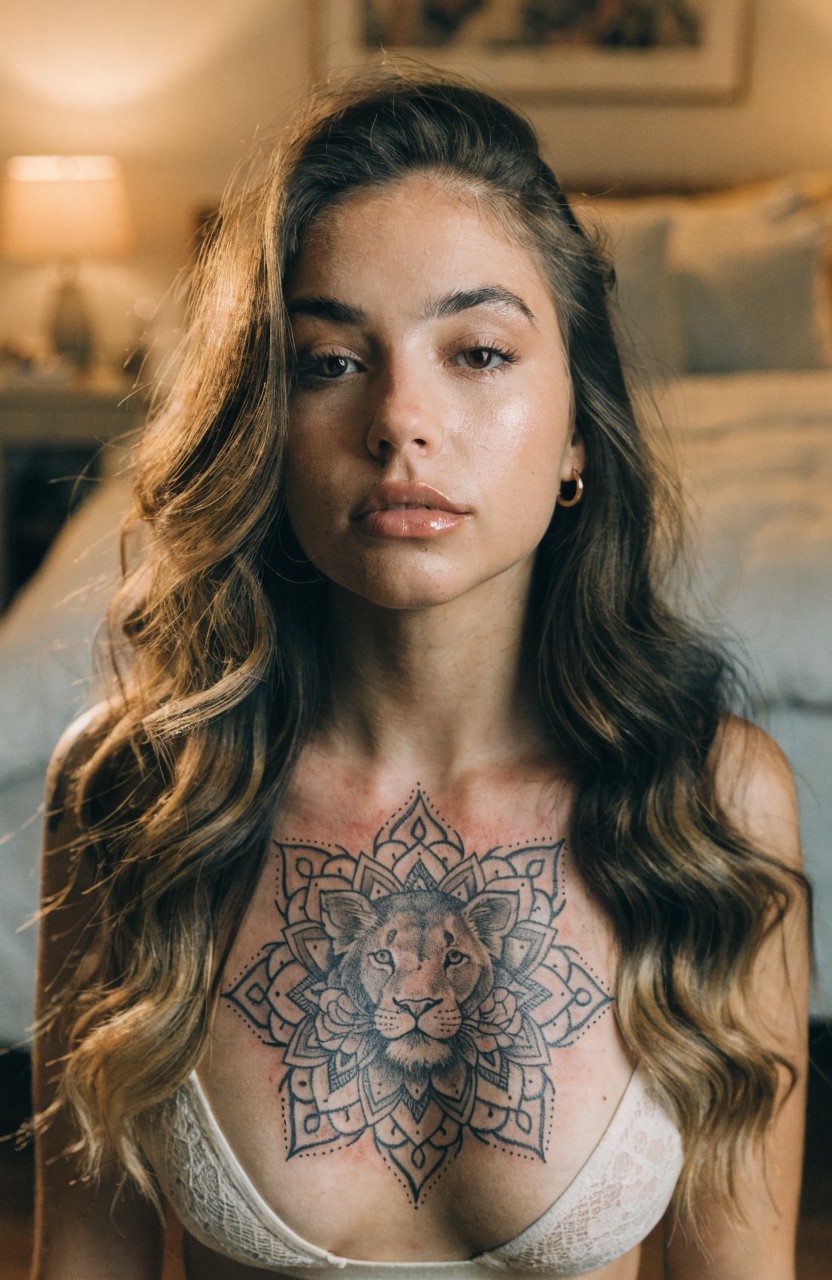 Black linework tattoo on a woman's chest showing a central lion face inside an intricate mandala design