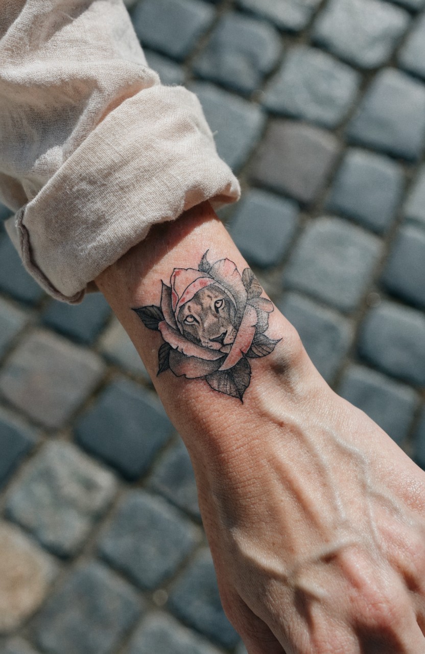Black ink rose and wolf paw print tattoos on inner wrist with shading for depth