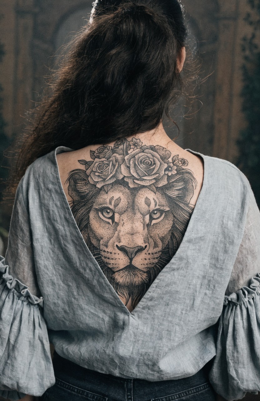 Woman in off-shoulder top displaying large realistic black and gray lion tattoo with rose crown on upper back
