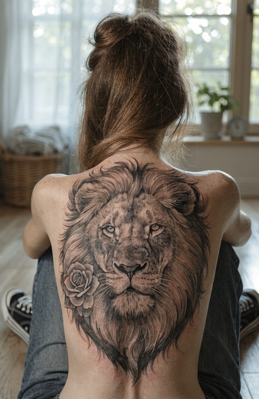 Black and grey realistic lion head tattoo with rose in the mane covering a woman's upper back