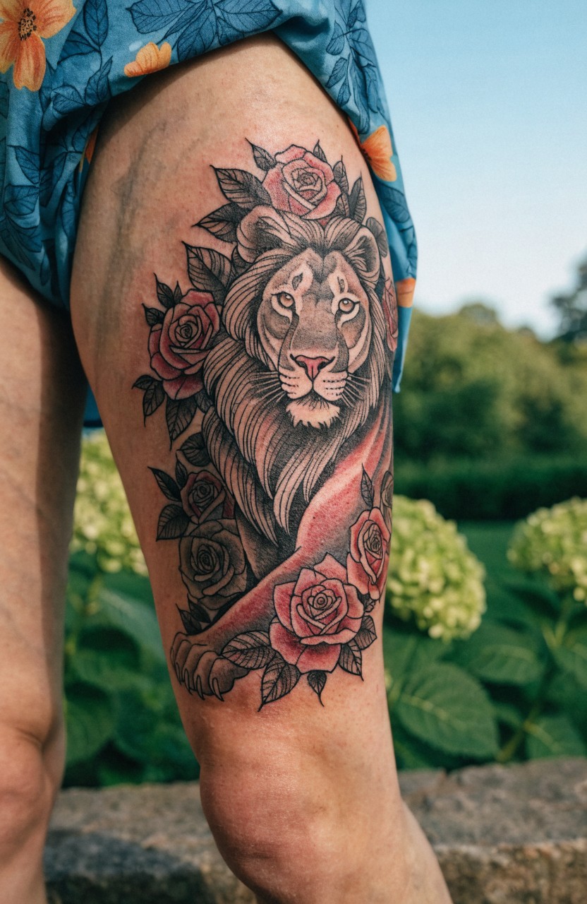 Woman's outer thigh tattoo showing a realistic lion head surrounded by red roses in black and gray ink with color highlights, photographed outdoors