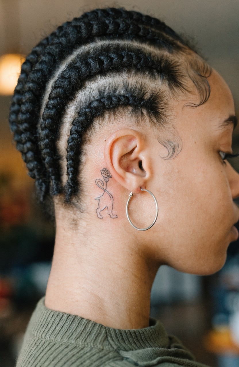 Black line art tattoo of a walking lion outline and rose on the side of the neck behind the ear