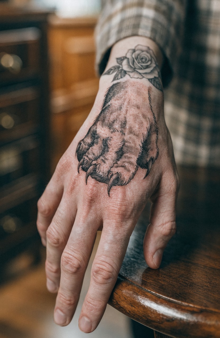 Black and gray realistic tattoo of a rose on the wrist and large paw with claws on the back of a hand resting on a wooden table