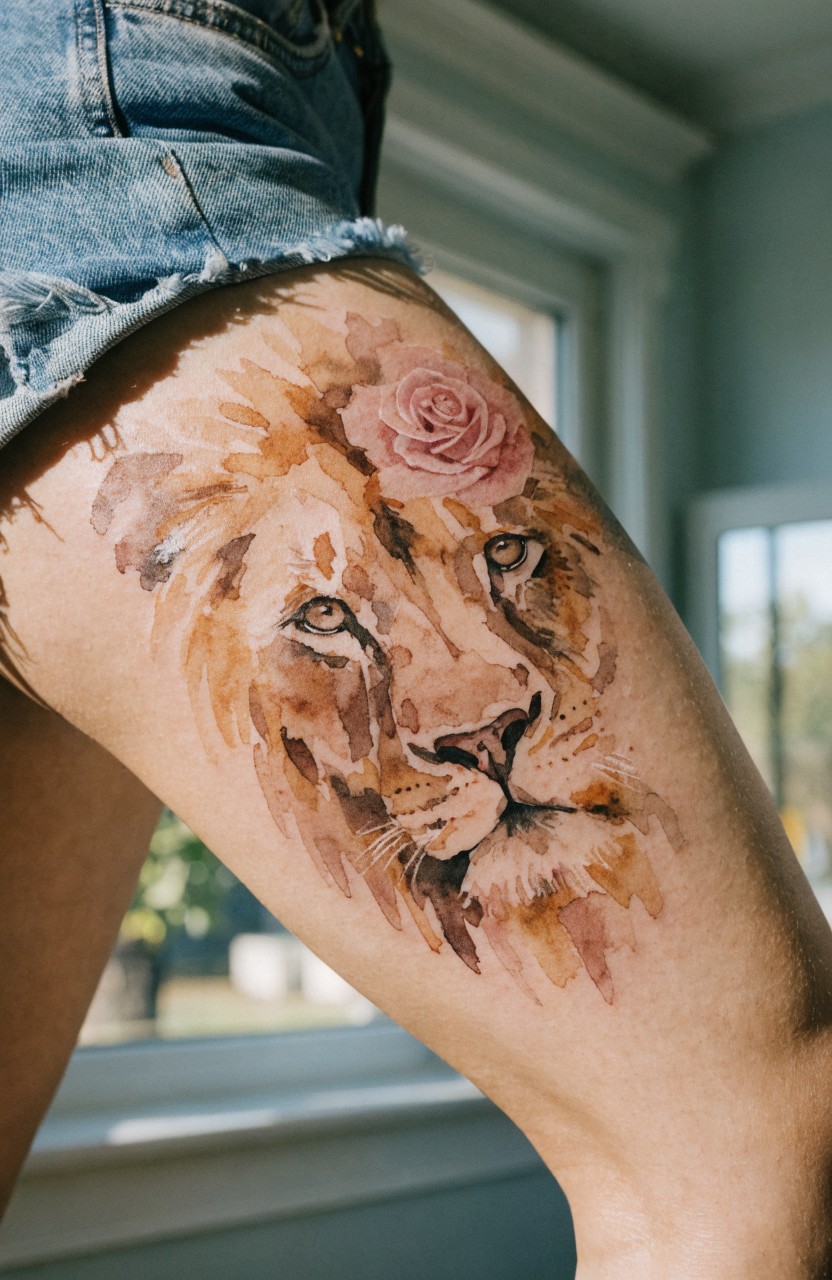 Watercolor lion head tattoo with pink rose on upper thigh using blended orange brown tones and soft edges