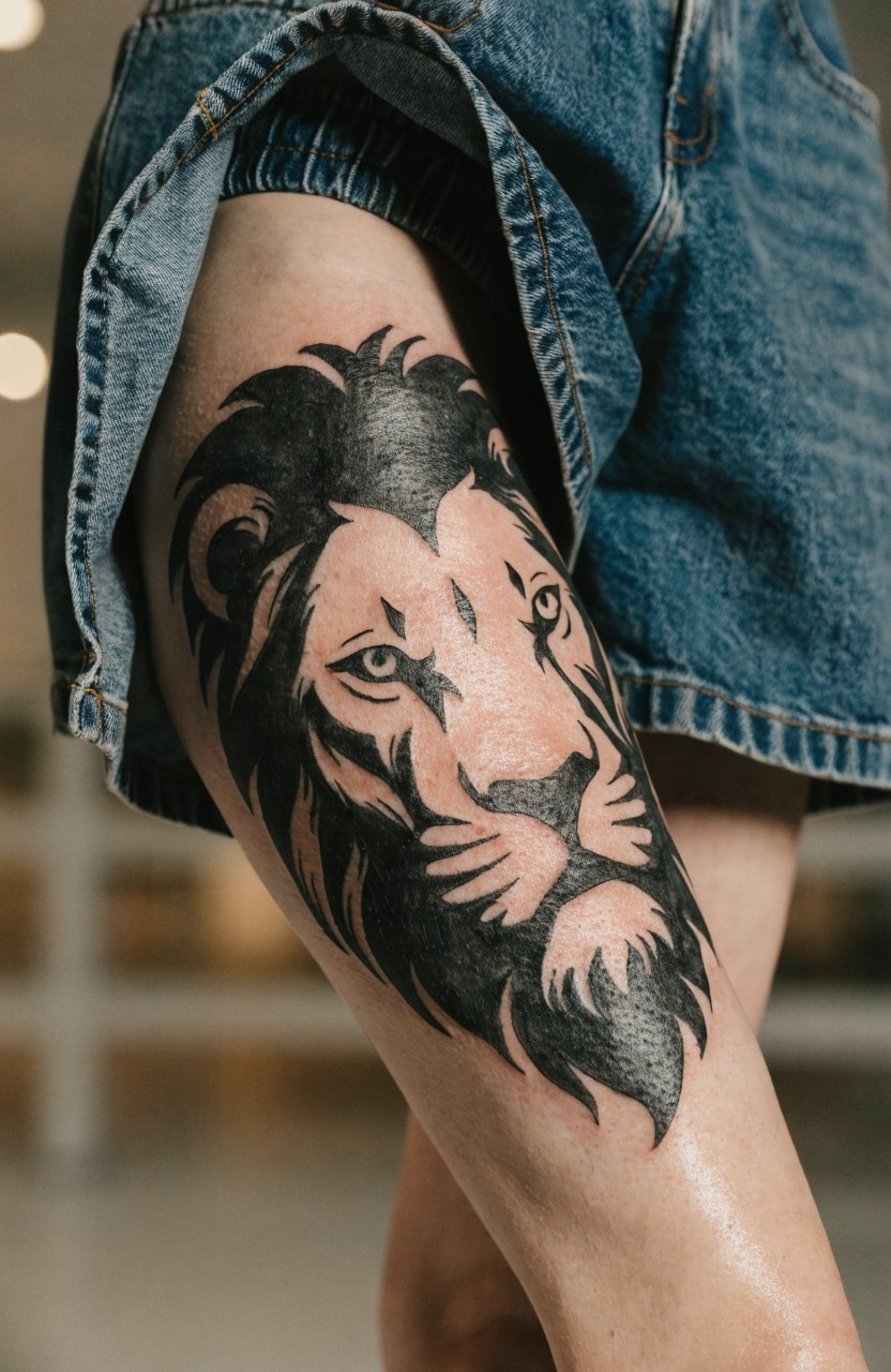 Black ink lion head tattoo on outer thigh with detailed shading and flowing mane
