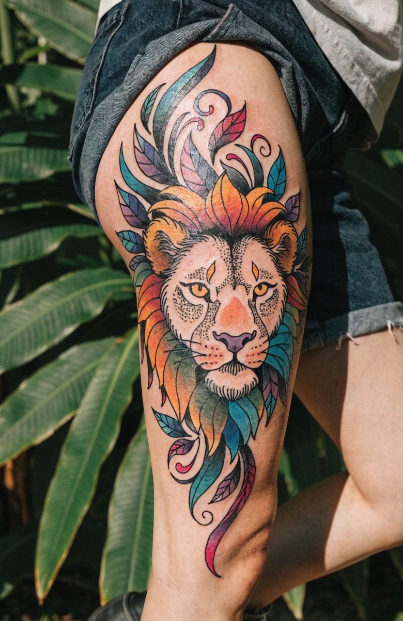 Colorful lion head thigh tattoo with vibrant multicolored mane and integrated leaf details