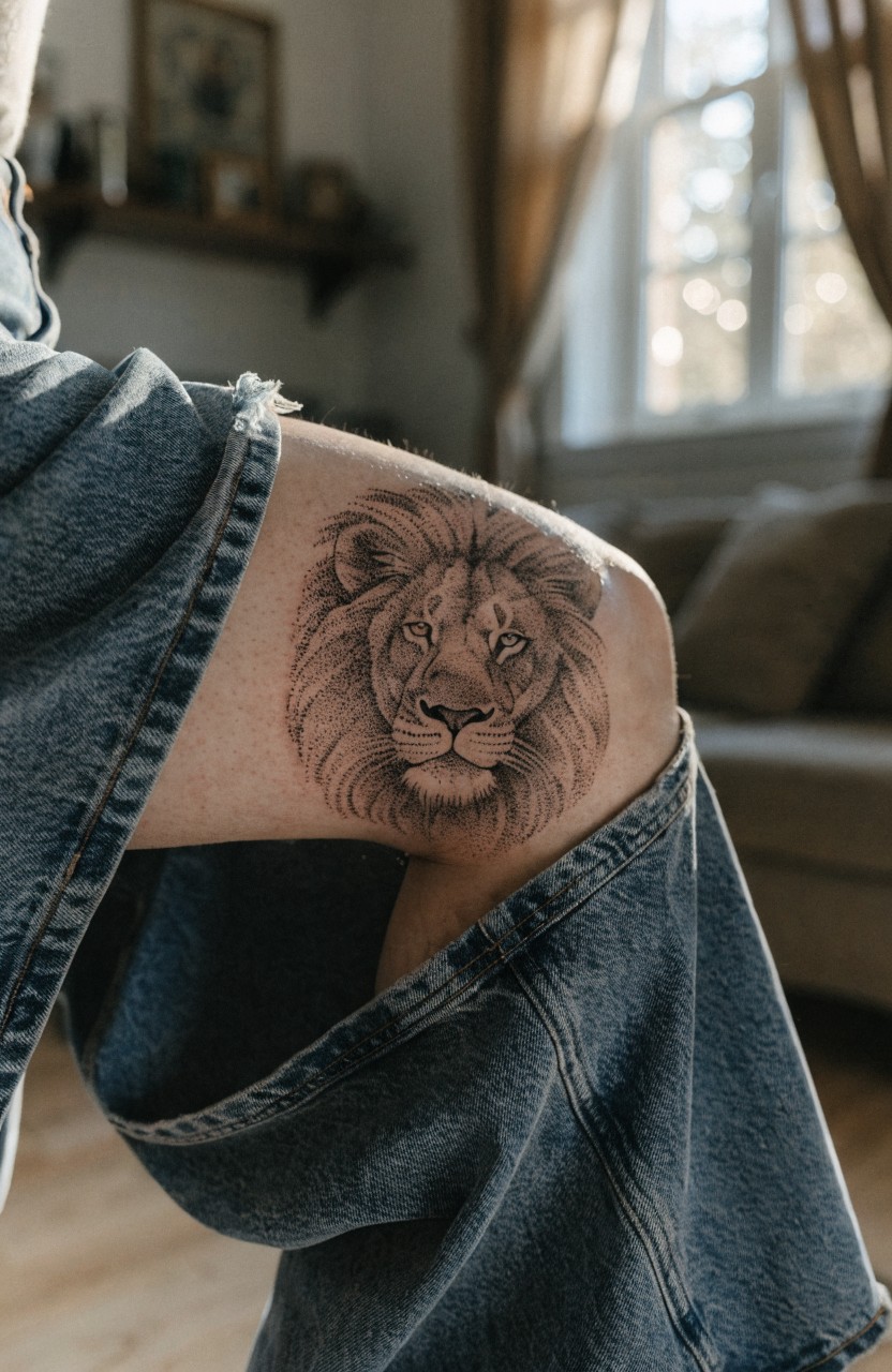 Black and gray realistic lion head tattoo on a woman's thigh over the knee with fine shading and textured fur