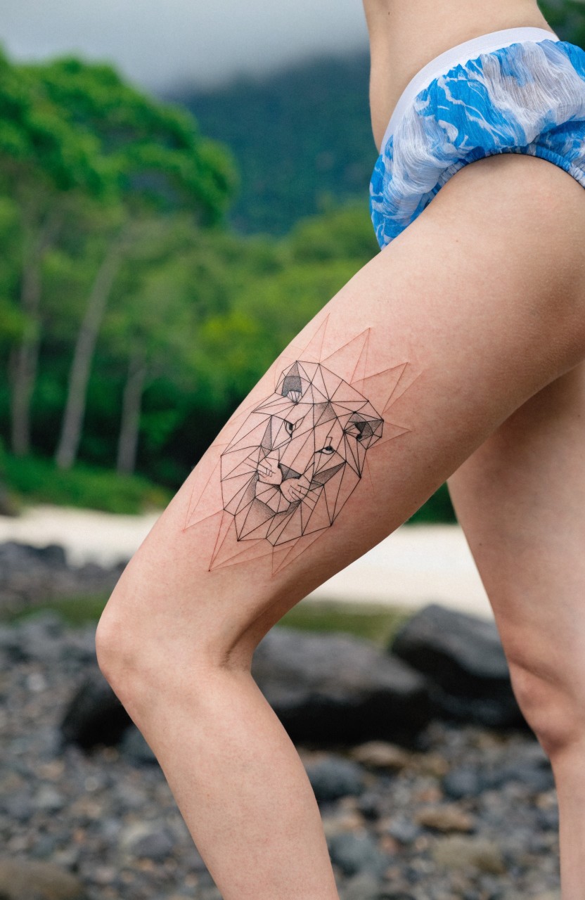 Black geometric lion head tattoo in linework on a woman's outer thigh, beach setting with green hills and rocks