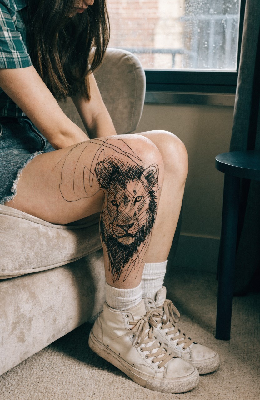 Sketchy line art lion head tattoo on outer thigh with flowing mane lines and abstract extensions