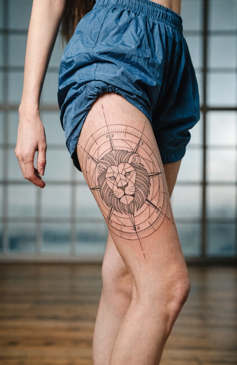 Black linework tattoo of a lion head integrated into a geometric compass rose on a woman's outer thigh