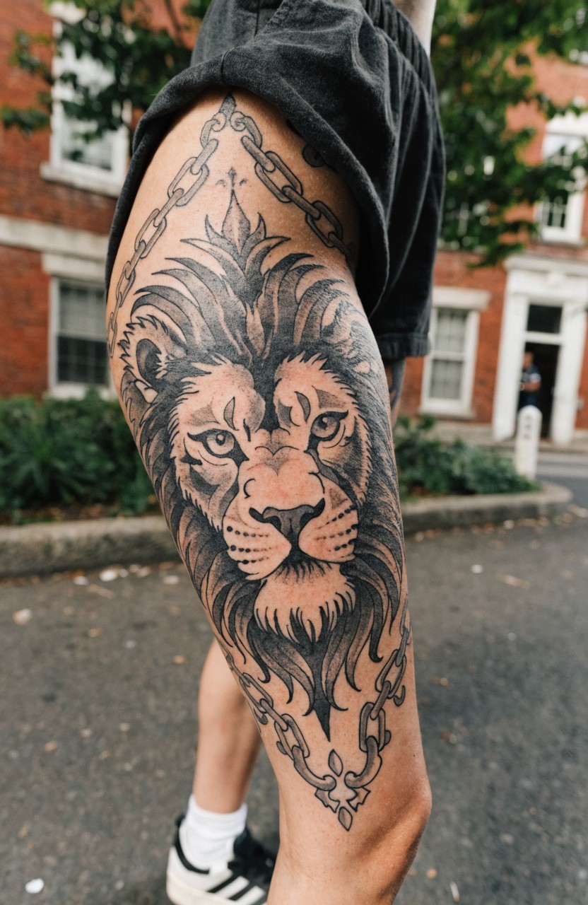 Realistic black and gray lion head tattoo on outer thigh with chain links forming diamond frame