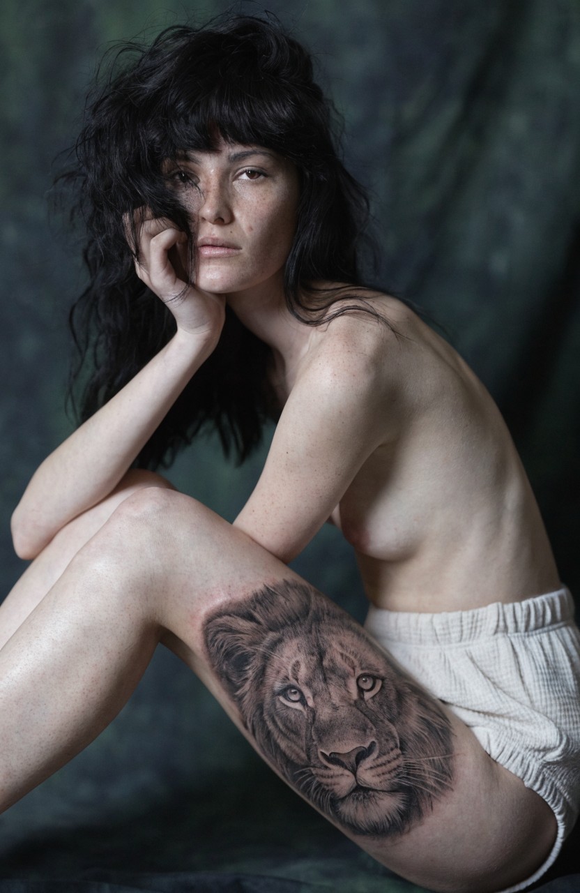 Black and gray realistic lion head tattoo on woman's outer thigh with detailed shading on fur and intense eyes