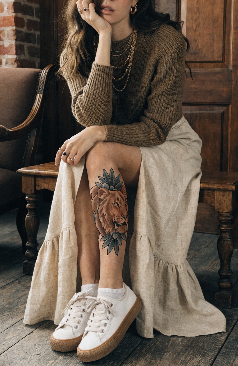 Woman seated on a bench with a colorful lion head thigh tattoo featuring shaded orange fur, detailed eyes, and surrounding green leaves, paired with a beige skirt and white sneakers