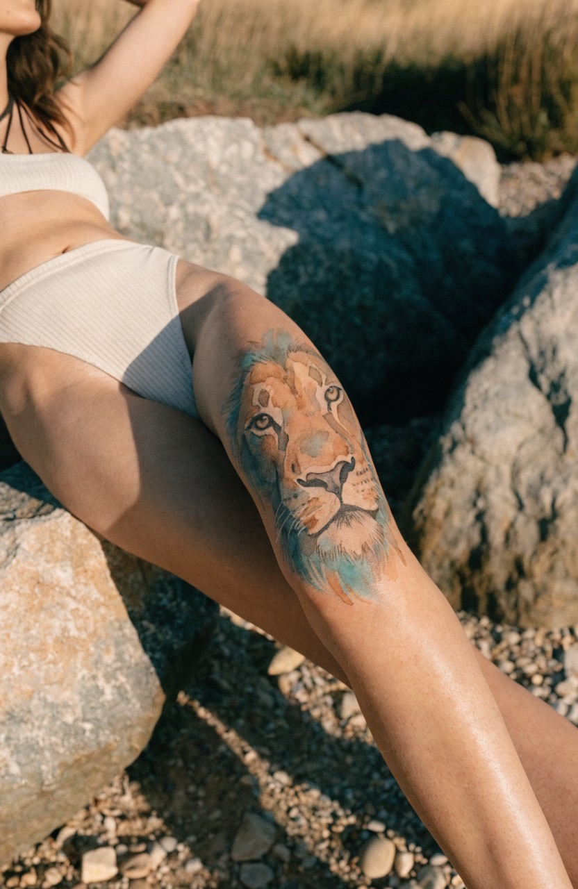 Woman's thigh with large lion head tattoo featuring realistic shading and watercolor orange-blue mane on rocky outdoor background