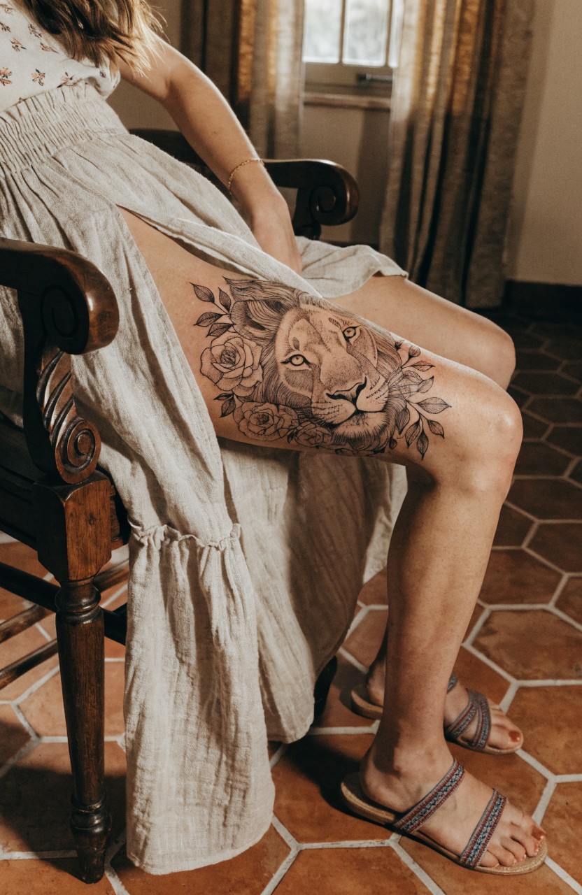 Woman seated with large black ink lion head and rose thigh tattoo peeking from under light dress