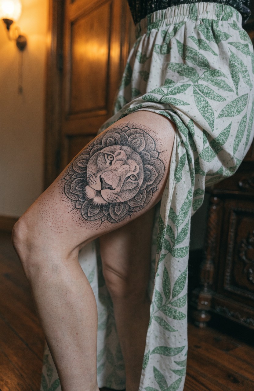 Black ink mandala lion head tattoo on a woman's outer thigh with intricate geometric patterns, green patterned skirt draped over part of the leg, wooden room background