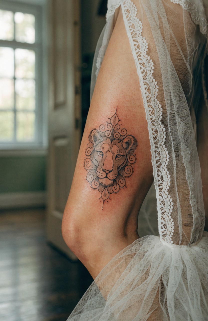 Delicate black ink mandala lion head tattoo on a woman's upper thigh near the hip, with intricate swirling patterns, viewed through sheer white lace fabric in a room with large windows