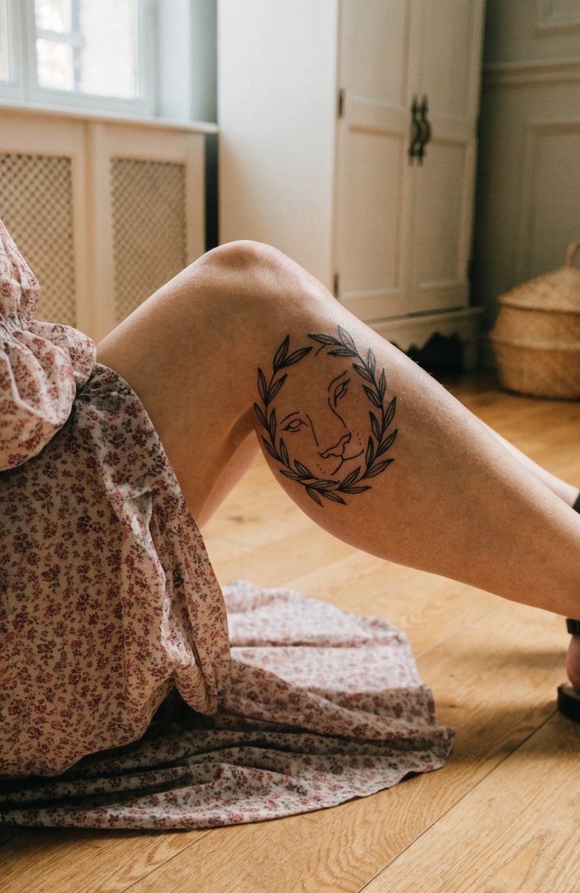 Black line art tattoo of a lion face surrounded by laurel wreath on a woman's outer thigh