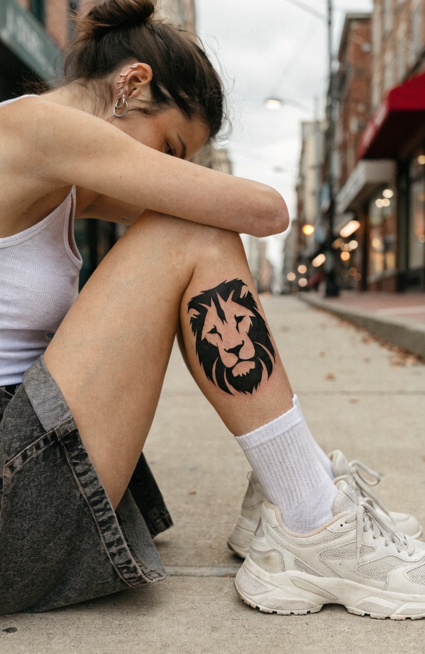 Woman seated on city sidewalk with prominent black ink lion head silhouette tattoo on outer thigh, dressed in white tank top, denim shorts, white crew socks, and chunky white sneakers