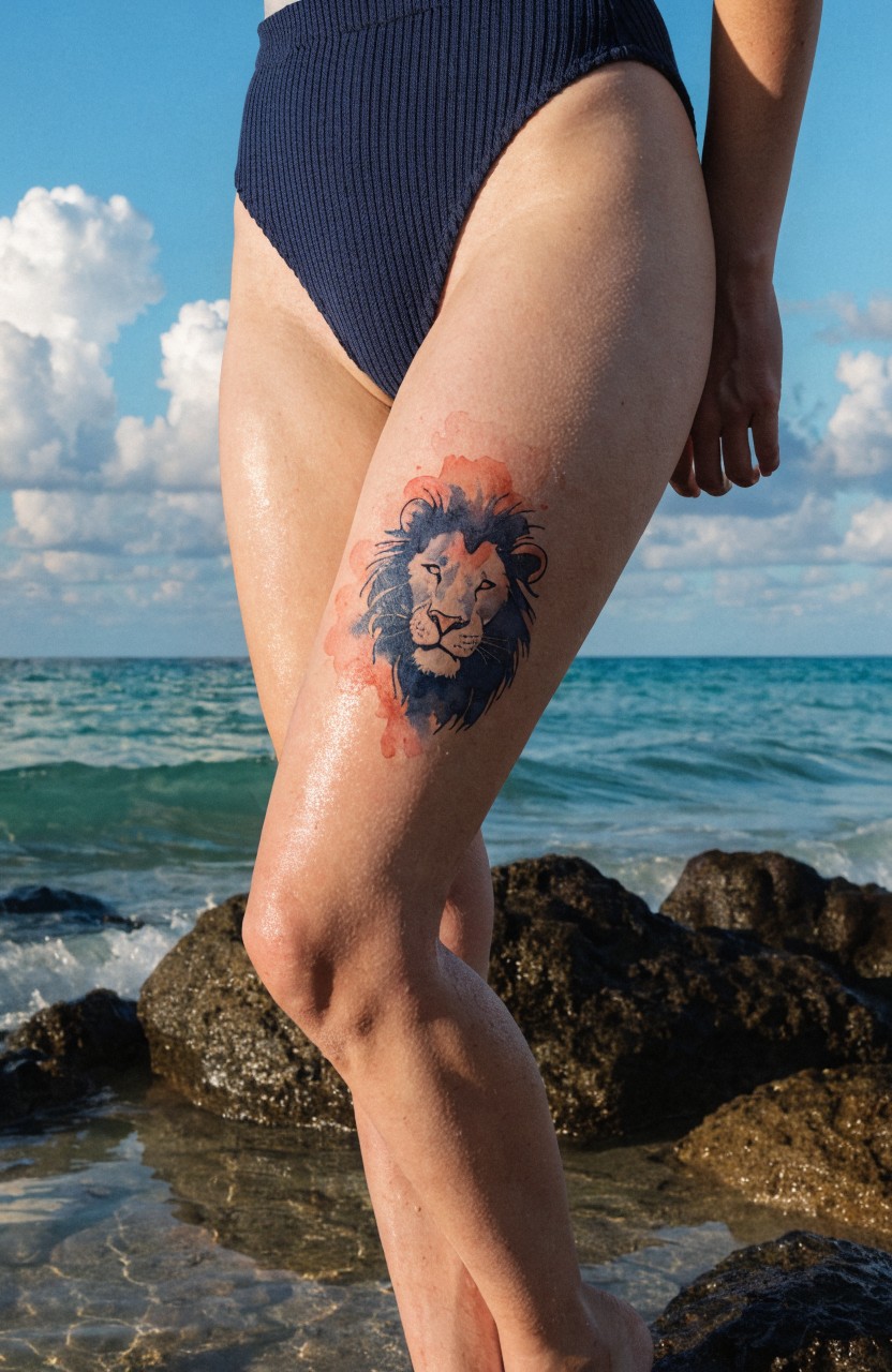 Woman's upper thigh with large watercolor lion head tattoo in blue and orange splashes, posed at beach with ocean in background
