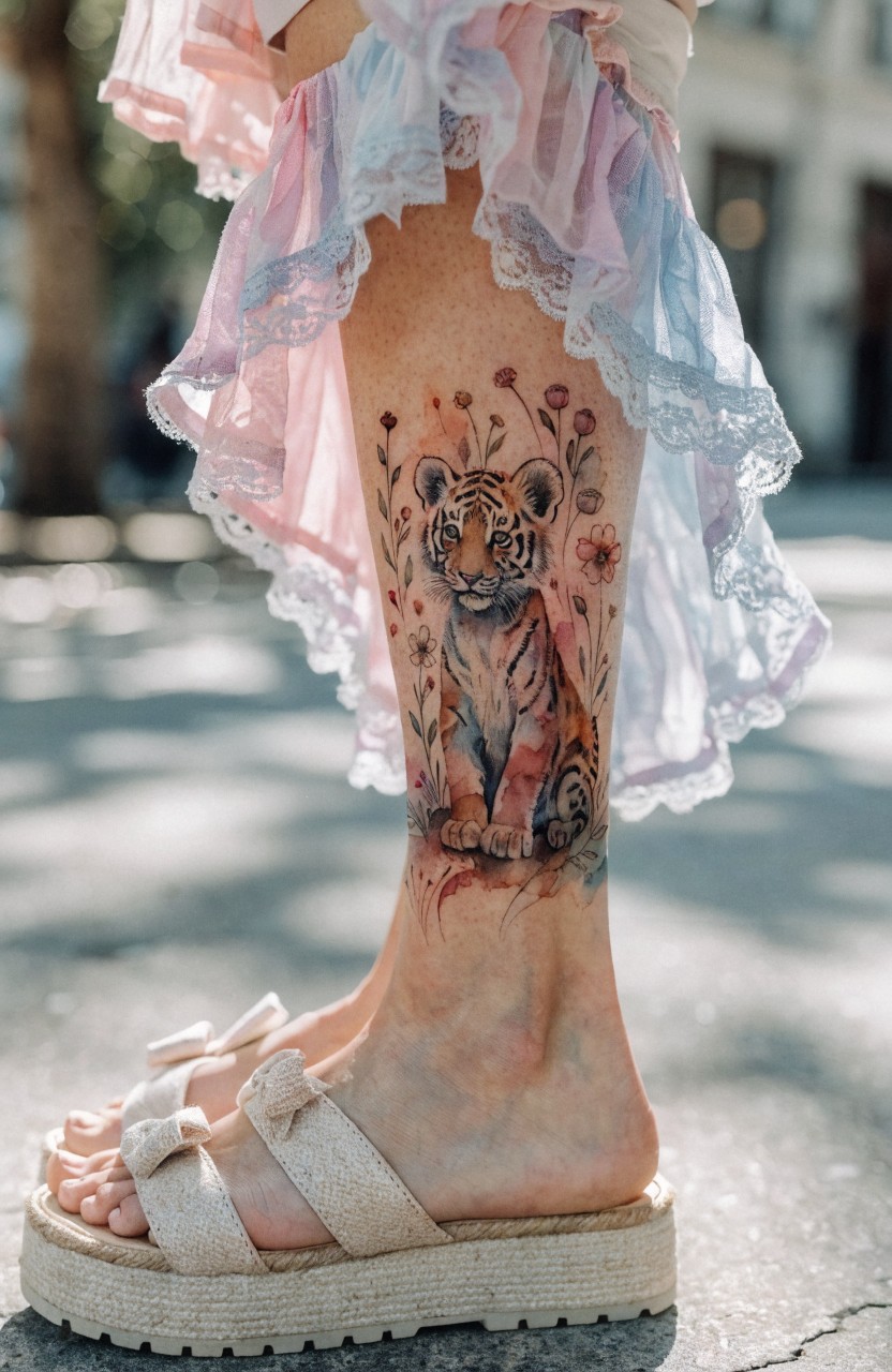 Colorful baby tiger cub tattoo surrounded by flowers on a woman's lower leg, viewed from the front with platform sandals and a lifted skirt