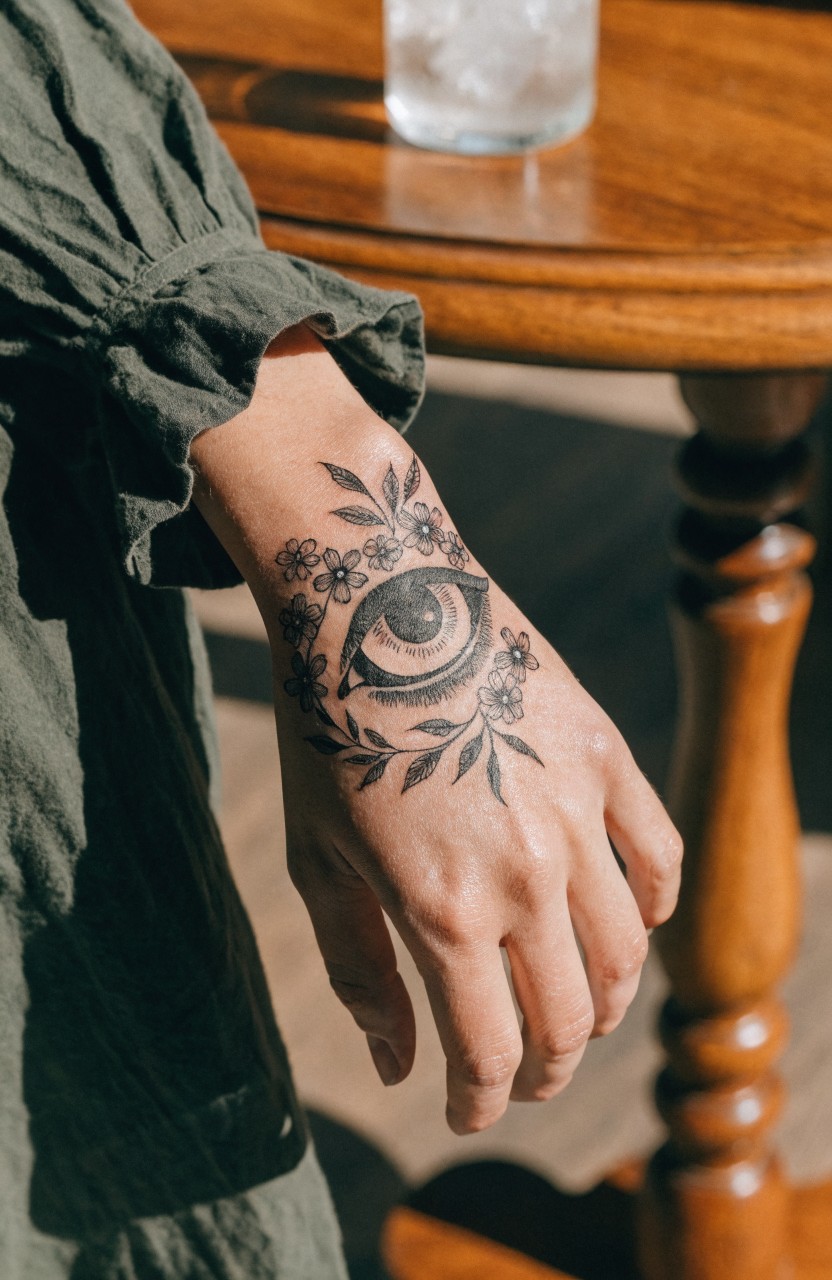 Black ink tattoo of a realistic eye encircled by delicate flowers and leaves on a woman's wrist, placed on a wooden table near a glass of water