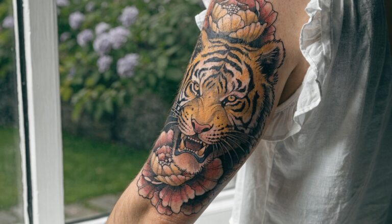 Upper arm tattoo showing a detailed black tiger head surrounded by vibrant yellow and red peony flowers on exposed skin under a denim jacket sleeve