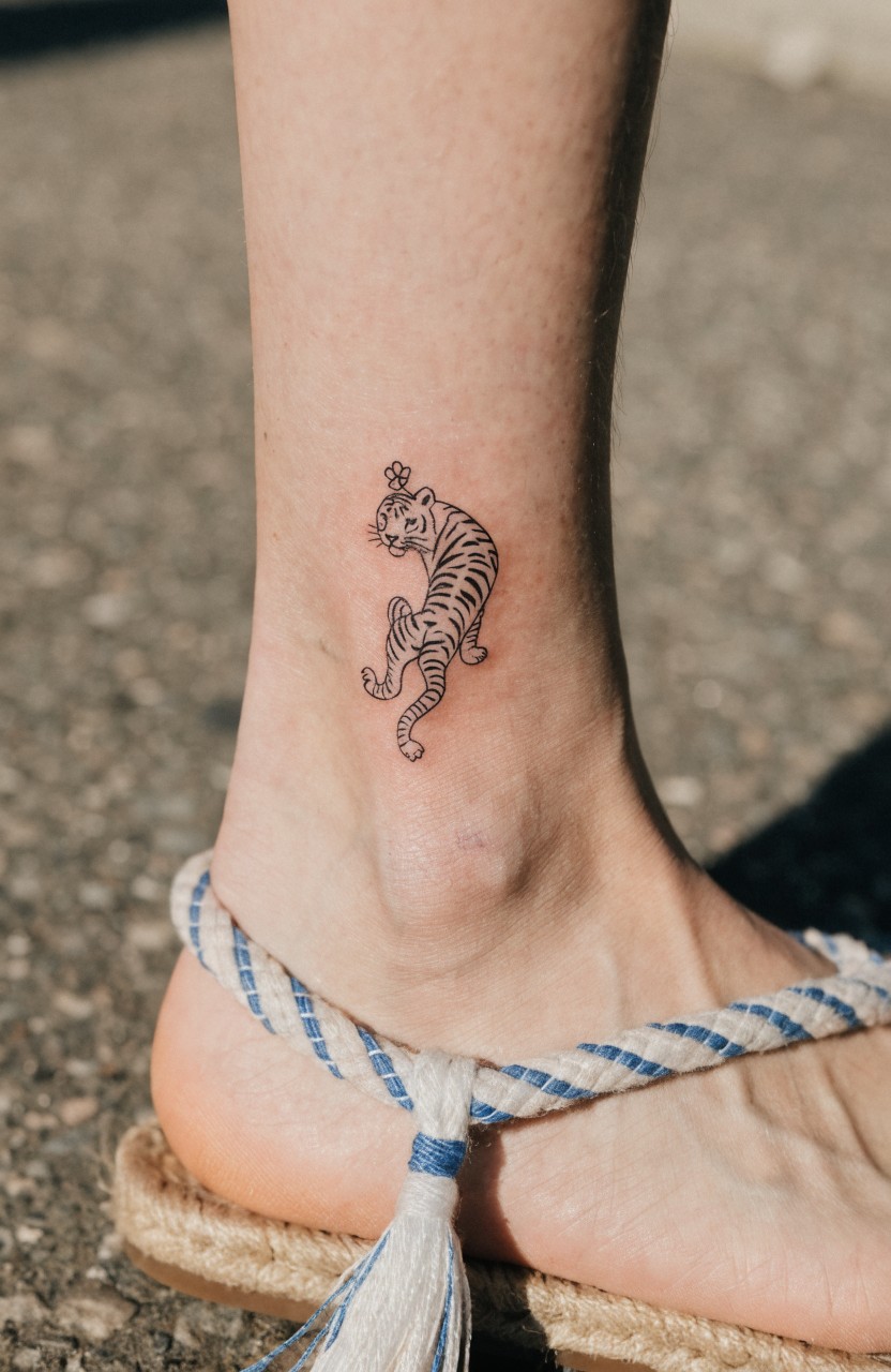 Minimalist black line tattoo of a tiger with flower crown curling around a woman's ankle, above braided sandals on concrete