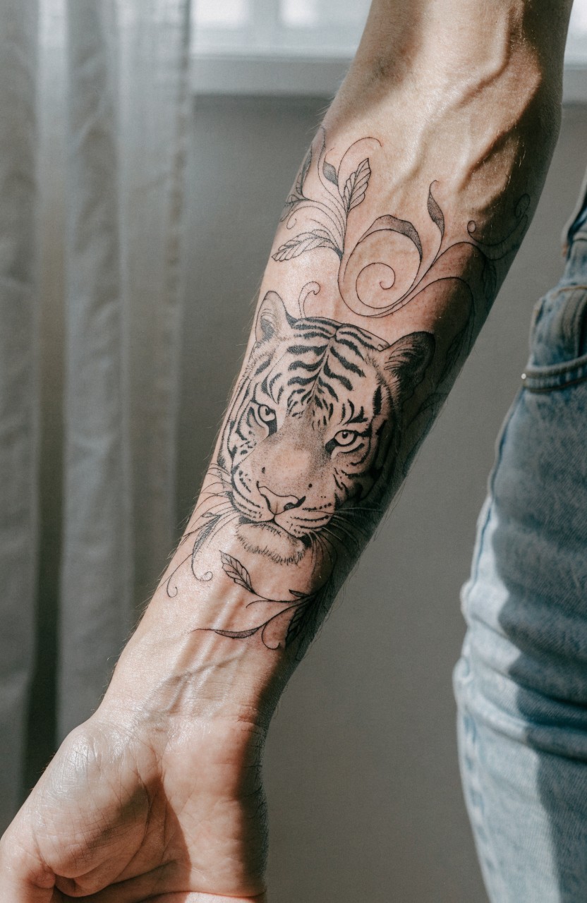 Black ink linework tattoo of tiger head with swirling vines on a man's forearm