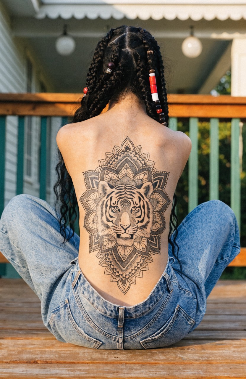 Woman seated on a deck viewed from behind displaying a large black ink mandala tiger tattoo across her full back with detailed tiger face and geometric floral patterns