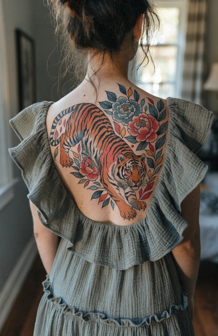 Woman's back tattoo of a leaping orange tiger integrated with large red and blue peony flowers in neo-traditional style, viewed through a sage green ruffled dress