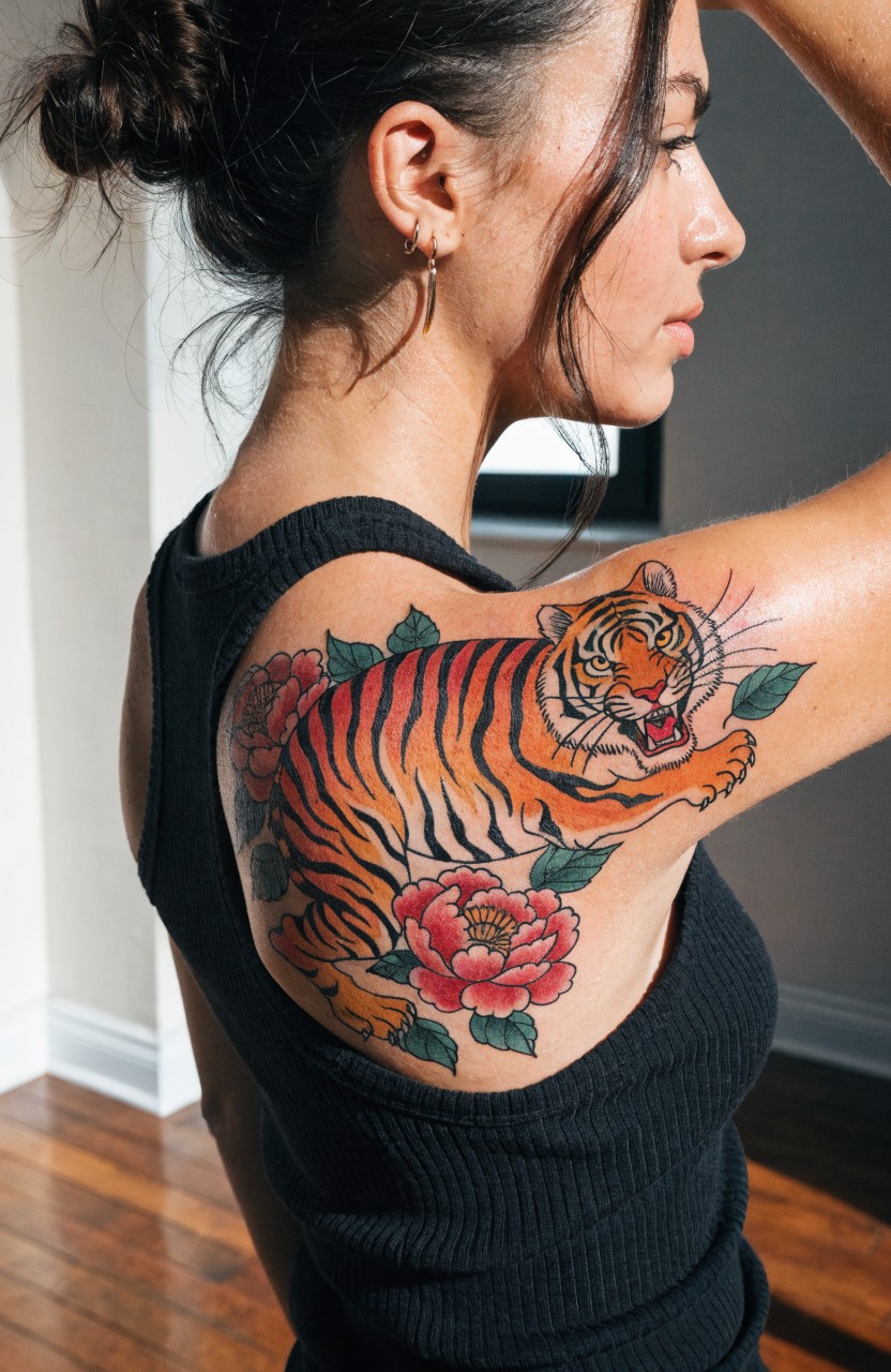 Woman's shoulder tattoo of a roaring orange tiger surrounded by red peonies in traditional Japanese style