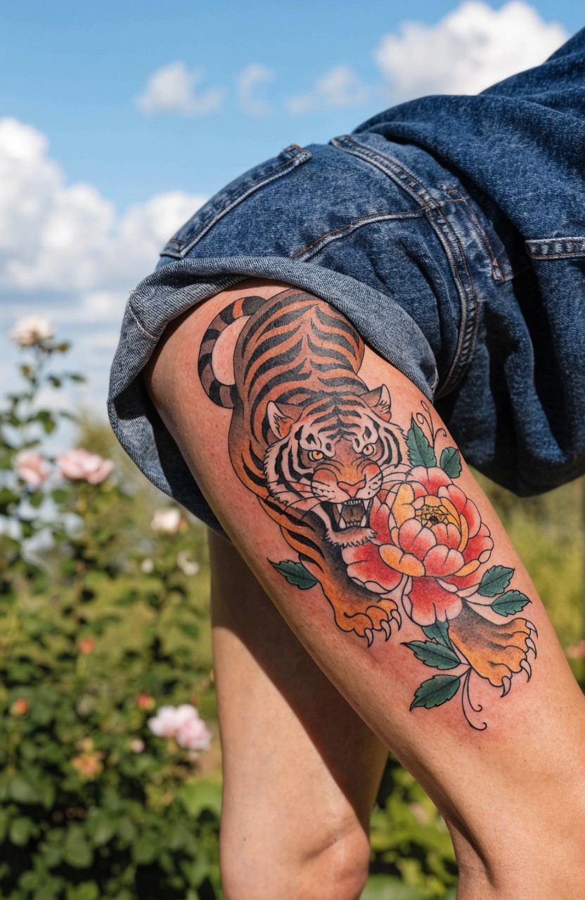 Vibrant Japanese-style tiger and peony tattoo wrapping around a woman's outer thigh, set outdoors among pink flowers