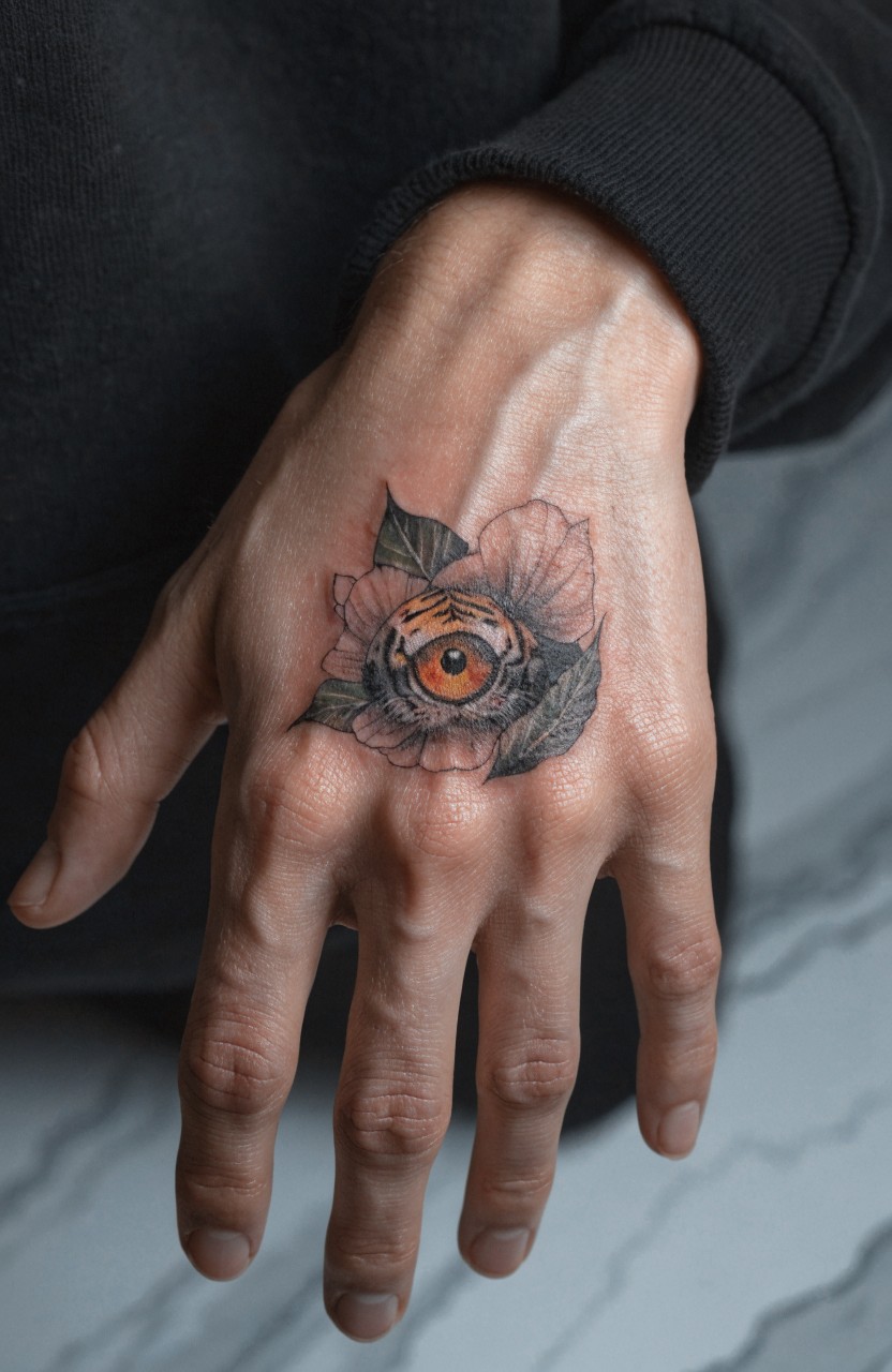Realistic color tattoo on the back of a hand with a pink peony flower containing an orange tiger eye at the center and green leaves around it