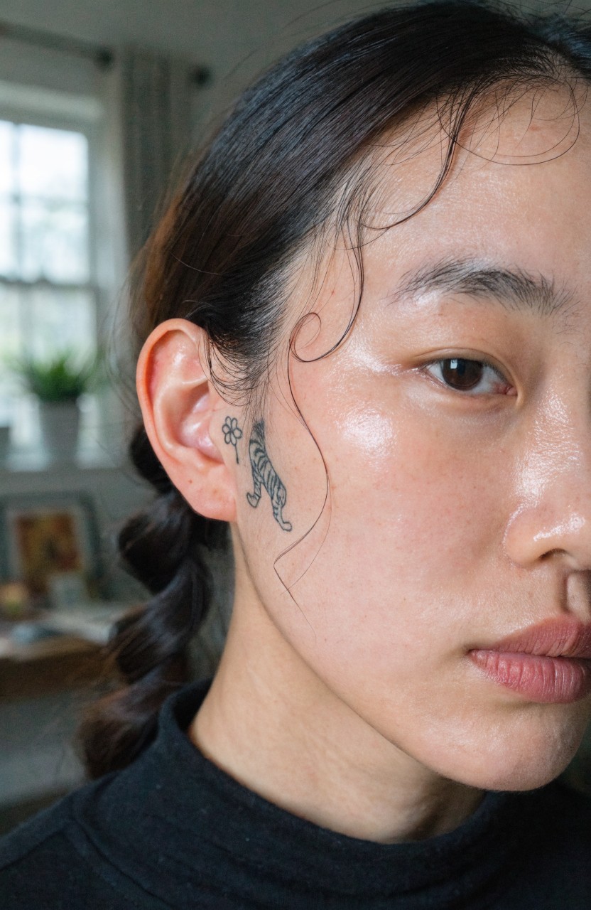 Delicate fine line tattoo of a tiger emerging from a flower behind a woman's ear, curving onto her cheek in black ink