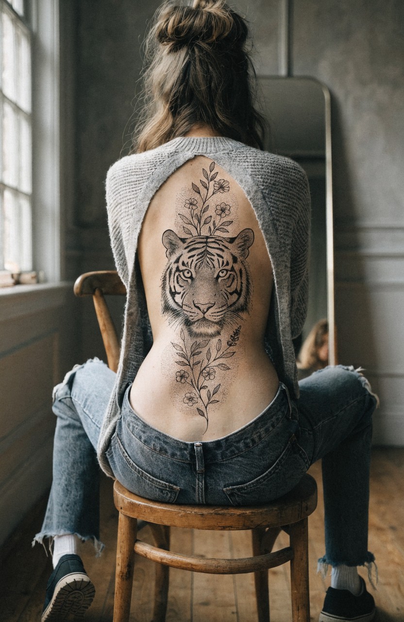Woman seated on wooden chair facing mirror, gray open-back sweater revealing large realistic black and gray tiger head tattoo integrated with floral vines running up her spine