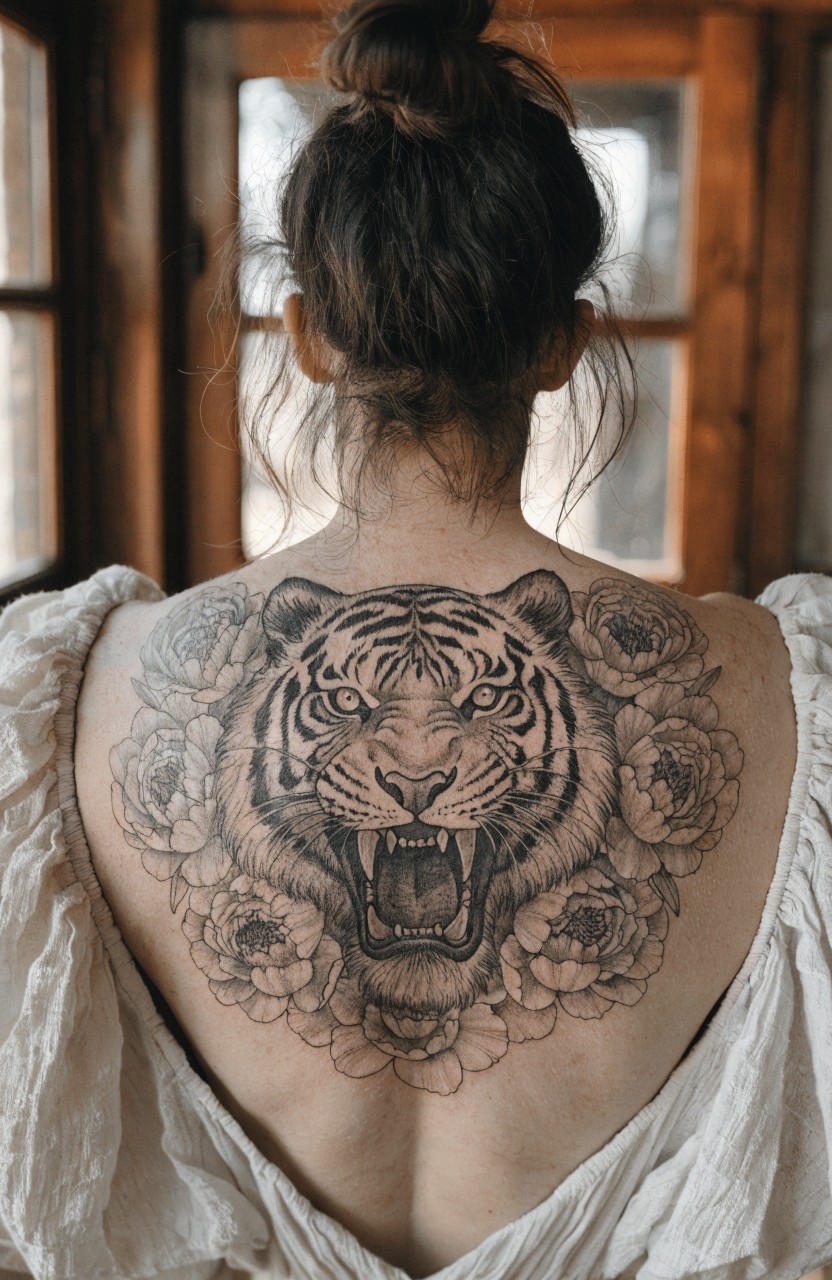 Black linework tattoo of roaring tiger head surrounded by blooming peonies across a woman's upper back and shoulders