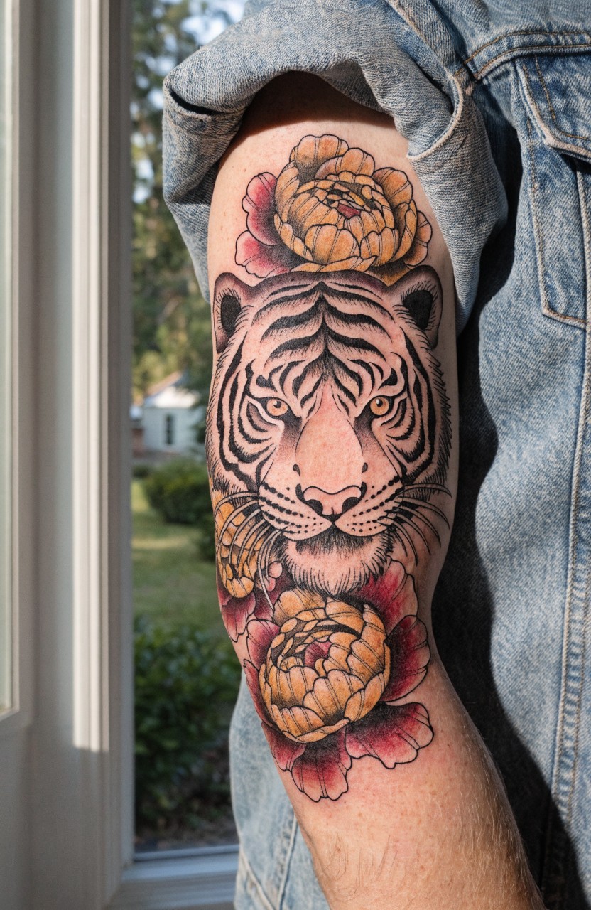 Upper arm tattoo showing a detailed black tiger head surrounded by vibrant yellow and red peony flowers on exposed skin under a denim jacket sleeve
