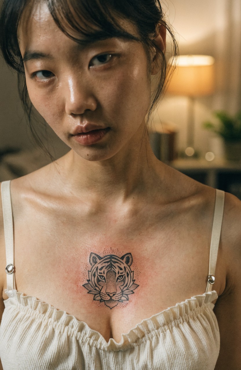 Black ink tiger face inside lotus petals tattooed on a woman's upper chest between her breasts, with fine linework and subtle shading