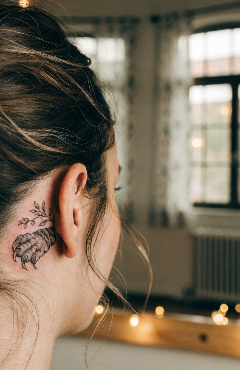 Small tiger paw tattoo with olive leaves behind a woman's ear in fine line black ink