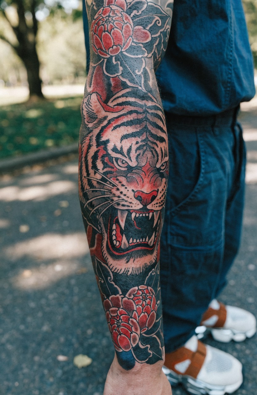 Full arm sleeve tattoo in Japanese irezumi style with snarling tiger head surrounded by red camellia flowers and black shading, shown on person's arm outdoors