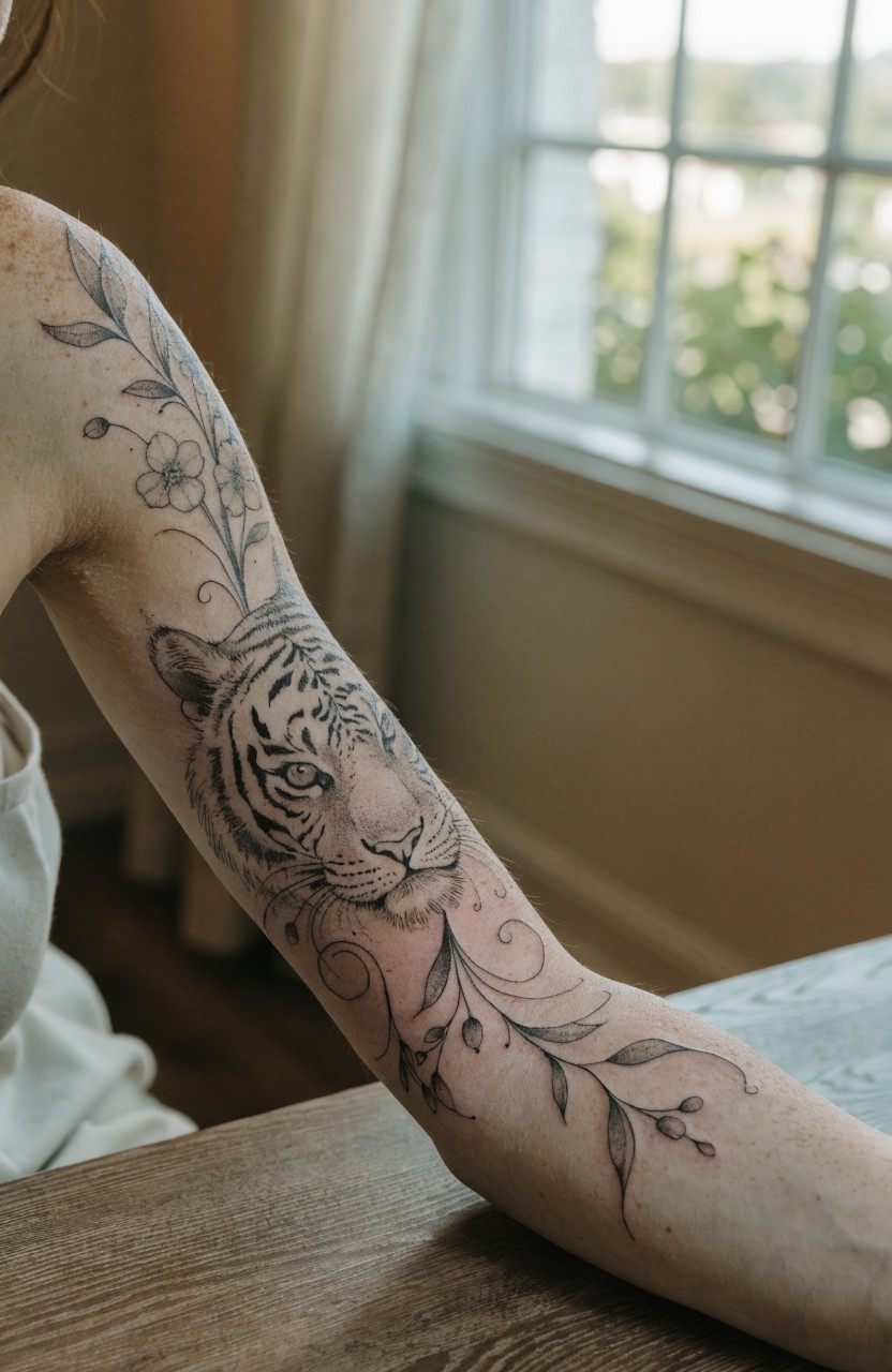 Black and grey tiger head tattoo on woman's upper arm wrapped in delicate vine and flower details