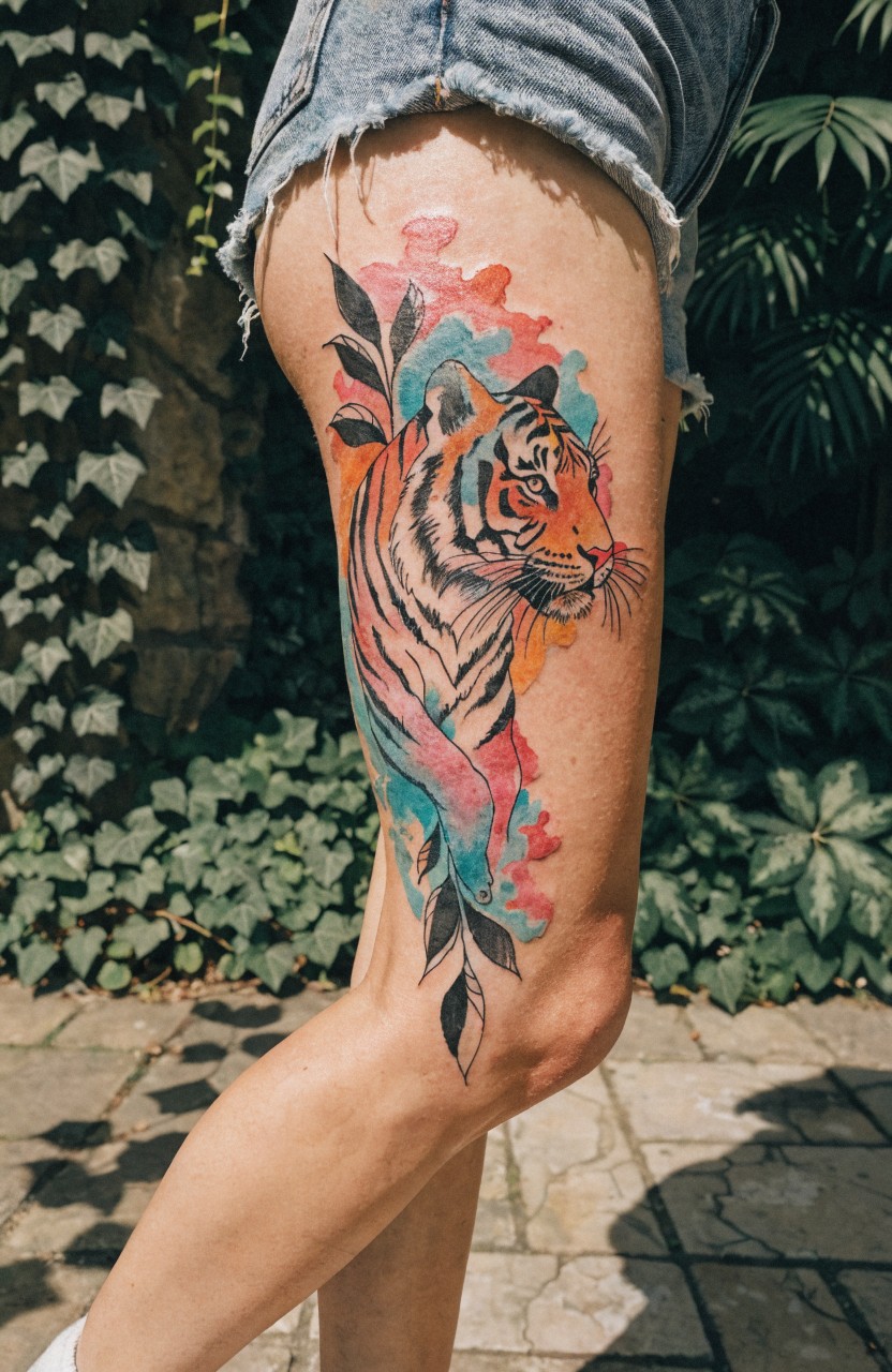 Vibrant watercolor tiger head tattoo on outer thigh with pink blue and orange splashes plus leaves and flowers
