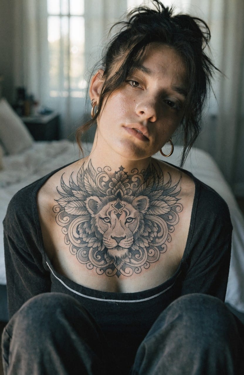 Woman's upper chest tattoo of a shaded lion head integrated with colorful flowers in a realistic style