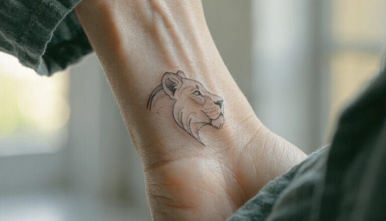 Delicate fine line tattoo of a feminine lion head on inner forearm with soft outlined features and thin black lines