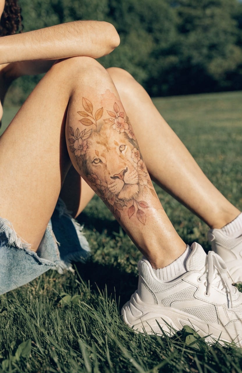 Woman's outer thigh tattoo of a detailed lion head with surrounding leaves and flowers in earthy tones, shown while sitting on grass in shorts and sneakers